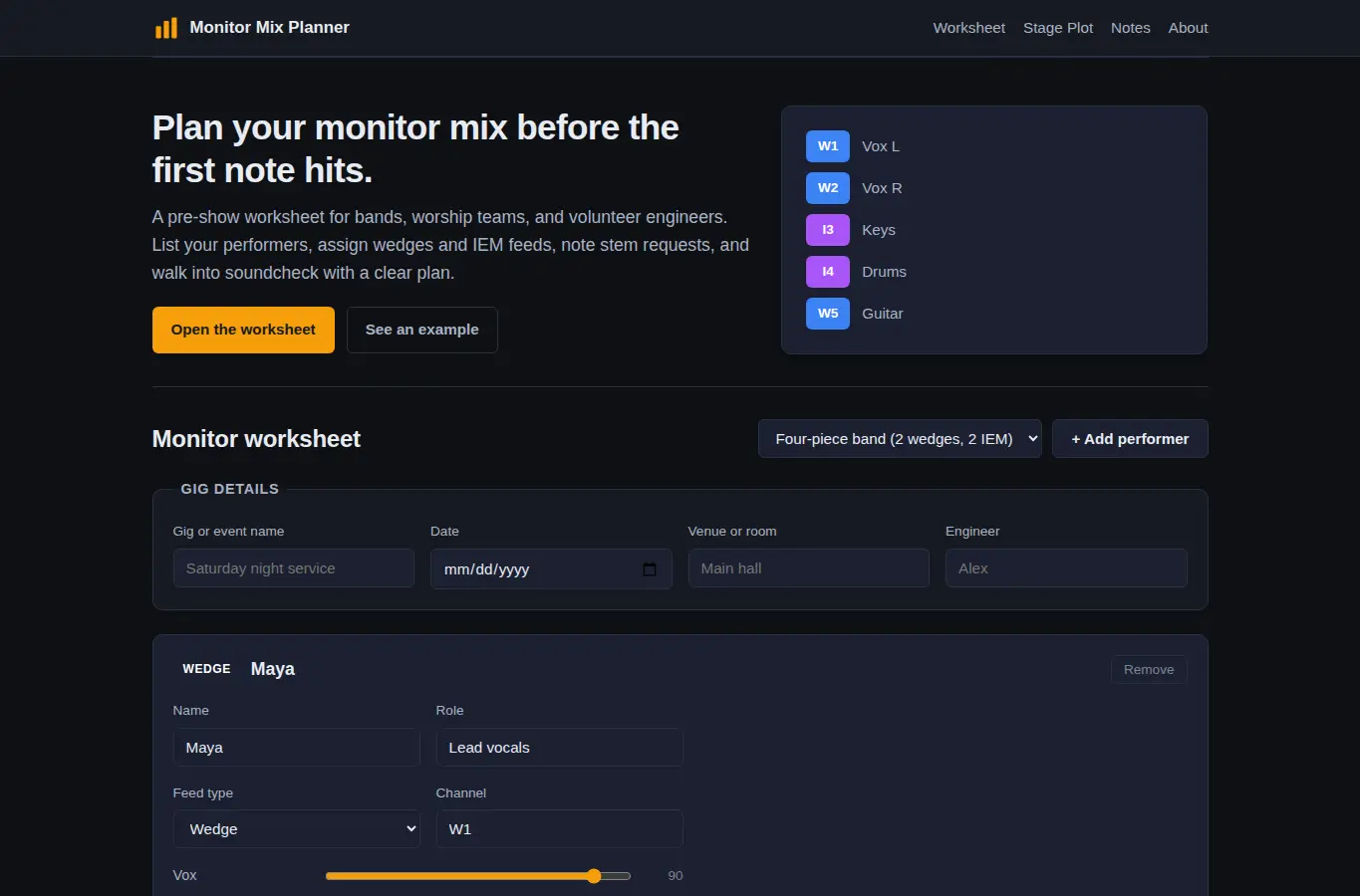 Screenshot of Small Stage Monitor Mix Planner interface showing the project page in use